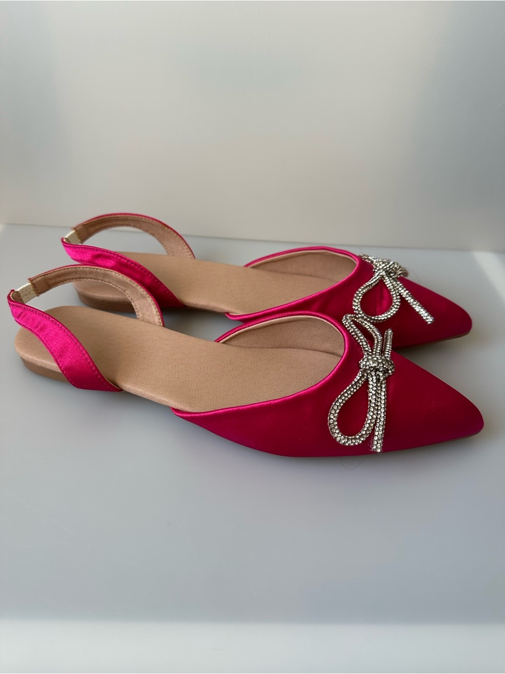 SHEIN Fuchsia Pink Satin Rhinestone Bow Slingback Flats - Picture 4 of 6